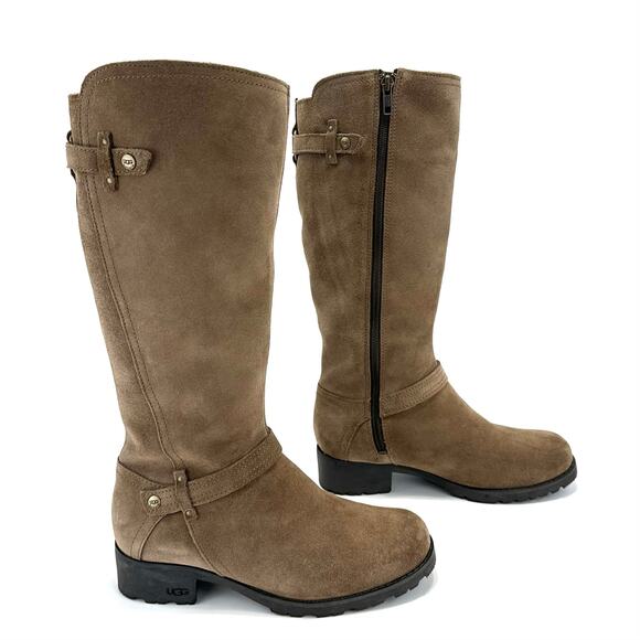 UGG Australia Winter Knee High Tall Riding Boot Size 7 Tan Suede Wool Lining - Picture 3 of 13